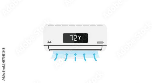 A white air conditioner with a digital display showing 72 degrees Fahrenheit is mounted on a plain white wall.