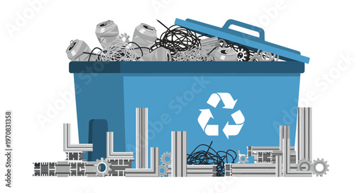 A large blue recycling bin with a prominent symbol overflows with metal scraps, which are also scattered around its base.