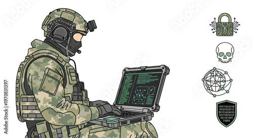 A soldier in camouflage and tactical gear operates a rugged laptop with green code, accompanied by cybersecurity icons.