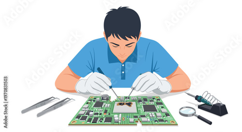 A person in a light blue shirt and white gloves is focused on a green circuit board using a soldering iron and tweezers on a white table.