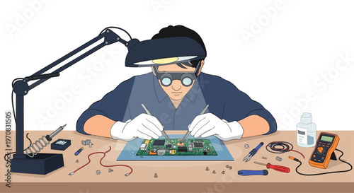 A person wearing magnifying goggles and white gloves is meticulously working on a green circuit board with tweezers and a soldering iron under a desk lamp.