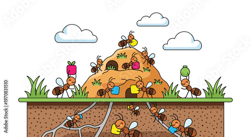 Cross-section of an ant colony shows busy ants building their nest, carrying food, and maintaining tunnels beneath a large anthill.