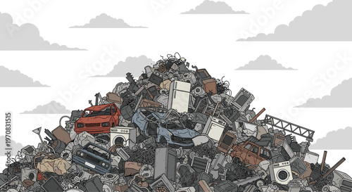 A massive, towering pile of diverse junk and scrap materials, including discarded cars and appliances, is haphazardly stacked under a cloudy sky.