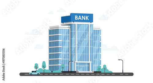 A modern, multi-story bank building with a blue BANK sign stands beside a road with a light blue car and green trees under a light blue sky.