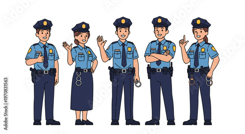 Group of friendly male and female police officers in blue uniforms stand in different poses representing law enforcement and public safety.