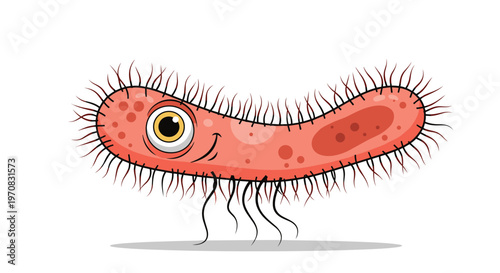 Friendly cartoon microbe or bacterium character with one large eye and numerous cilia floats against a simple white background.