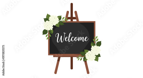 A dark chalkboard with Welcome text, decorated with white hydrangeas, rests on a wooden easel against a white background.