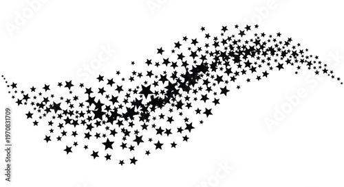 Dynamic wave composed of numerous black stars of various sizes creates a sense of motion, sparkle, and cosmic energy on a white background.