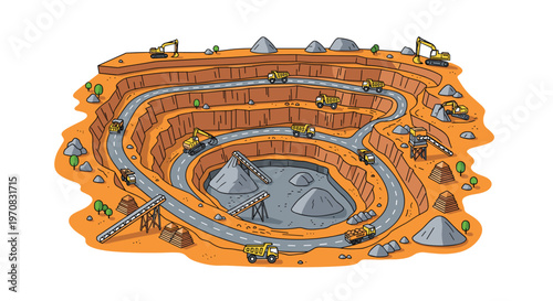 A cartoon illustration depicts an open-pit mine with excavators and trucks on winding roads against a white background.