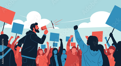 Diverse group of people participates in a protest or demonstration while holding blank signs and listening to a speaker with a megaphone.