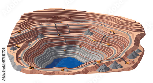 A realistic illustration shows a large open-pit mine with a water body, excavators, and trucks on terraced roads.