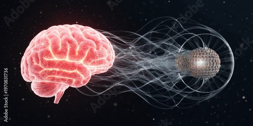 A human brain radiating energy towards a futuristic data sphere, depicting a concept of mind-machine interface.