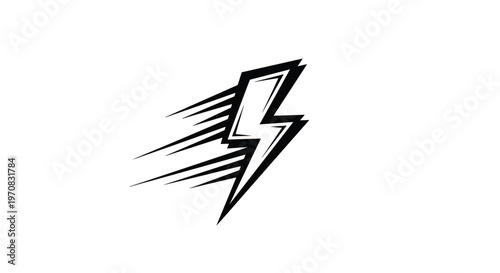 Graphic black and white lightning bolt icon with fast-moving motion lines represents speed, electricity, energy, and sudden power.