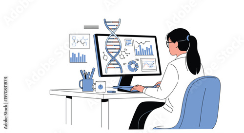 Female scientist in a lab coat analyzes complex genetic data and DNA structures displayed on a large computer monitor in a research facility.