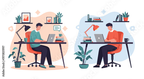 Two panels show a man working diligently at a desk with a laptop and books during daytime and nighttime with a lamp.