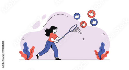 Determined woman runs with a large net attempting to catch floating social media thumbs-up icons in an abstract landscape.