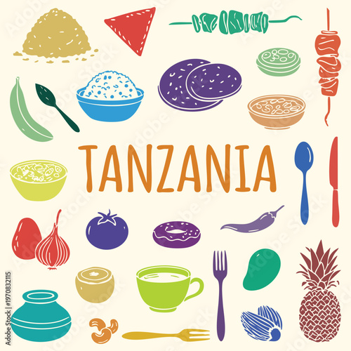 Tanzania traditional food icon set highlighting ugali, chapati, and mishkaki skewers, delivering a vibrant vector graphic design illustration tailored perfectly for a travel poster layout.