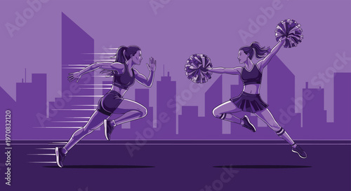 Energetic illustration captures a female runner sprinting alongside a cheerleader performing a jump with pom-poms against a city skyline.