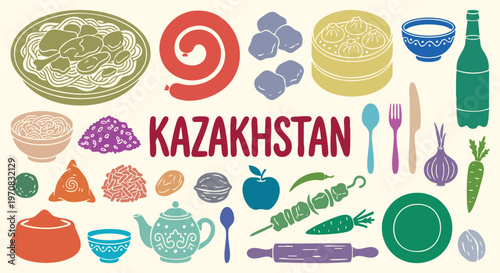 Kazakhstan traditional food icon set offering a colorful vector collection of beshbarmak, manti, and kazy. Grab this graphic design illustration for authentic restaurant menu branding.