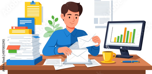 Administrative assistant opening mail at busy office desk with charts