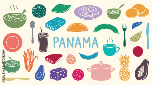 Panama traditional food Icon Set. Panamanian Food. colorful vector collection of empanadas, coffee, sausage, pineapple and avocado for a restaurant menu, party, and travel brochure.