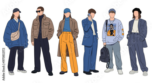 Group of stylish young men and women showcases diverse modern fashion outfits including jackets, coats, sweaters, and street wear.