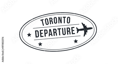Grunge-style oval airport stamp for Toronto departure features a plane icon and star symbols for travel and tourism branding.