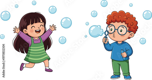 Happy kids playing with bubbles vector illustration cartoon children blowing and enjoying soap bubbles for fun activity childhood lifestyle design