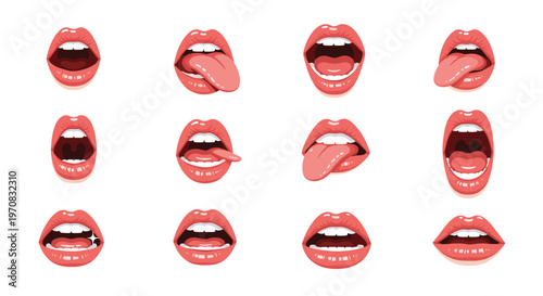 Large set of various mouth and tongue expressions including smiling, shouting, sticking out tongue, and showing teeth for character design.