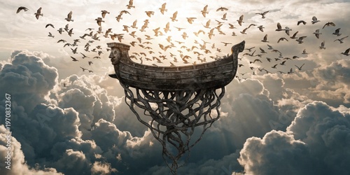 Ancient boat with roots, floating in a cloudy sky with many birds flying around during sunset.