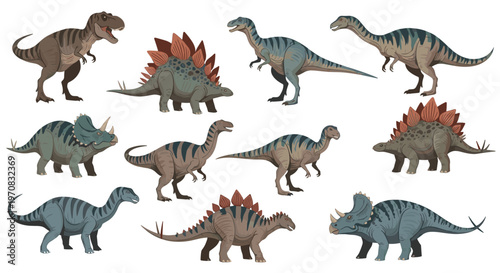 Comprehensive collection of various dinosaur species including the Tyrannosaurus Rex, Triceratops, and Stegosaurus in a detailed illustration.