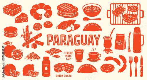 Traditional paraguay cuisine highlighting authentic south american food elements terere mate cup and delicious chipa guazu for ethnic restaurant menu travel guide and food blog vector design