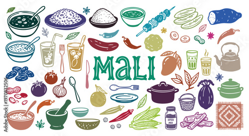 Discover local mali cuisine with authentic traditional african food elements including rice skewered meat and mint tea for cultural dining menu travel poster and culinary blog vector illustration