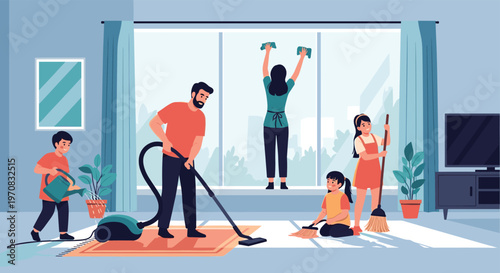 Happy family works together to clean their living room by vacuuming the rug, sweeping the floor, and washing the large window.