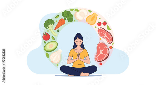 Serene woman meditates while surrounded by a colorful variety of healthy foods including vegetables and fresh meat products.
