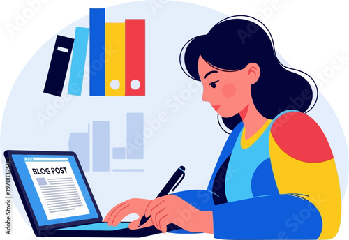 Content creator writing a new blog post on a laptop with reference books nearby