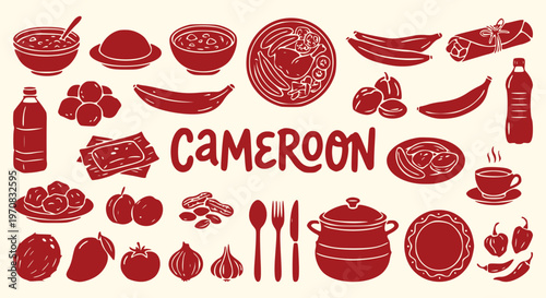 Traditional cameroon cuisine icon set highlighting authentic african national dishes fresh plantains and local spices for ethnic restaurant menu travel tourism brochure and vector design