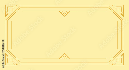 Classic art deco frame with geometric gold lines and intricate corner designs sits on a solid pale yellow background.