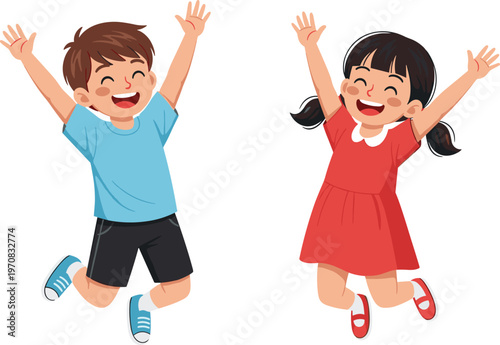 Happy kids jumping with raised hands vector illustration cartoon children expressing joy energy and playful lifestyle for education and fun activity design