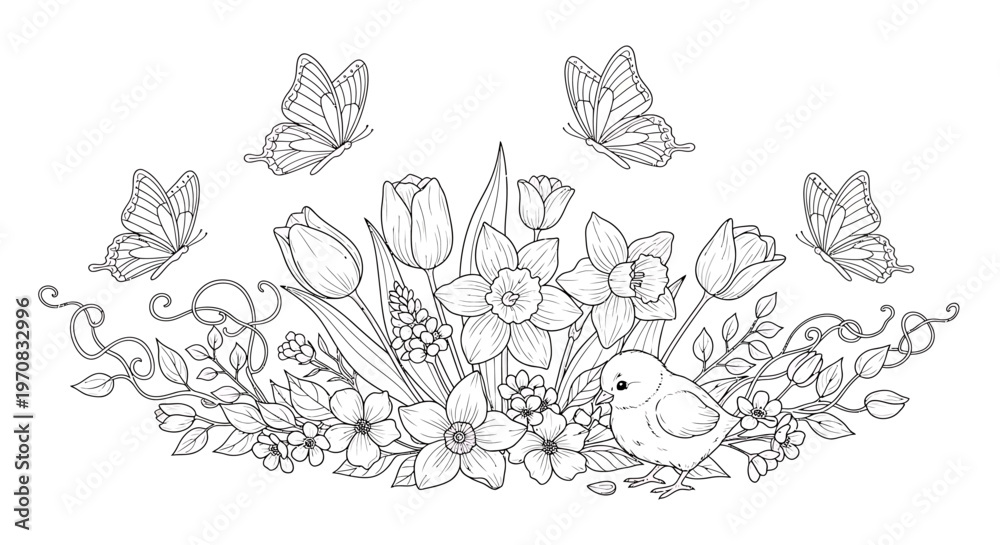Fototapeta premium A whimsical floral arrangement with butterflies and a bird.
