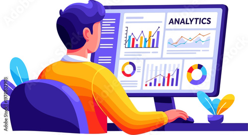 Data analyst reviewing business metrics on large monitor