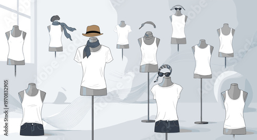 Fashion display features numerous mannequins wearing simple white tank tops and casual accessories in a minimalist shop setting.