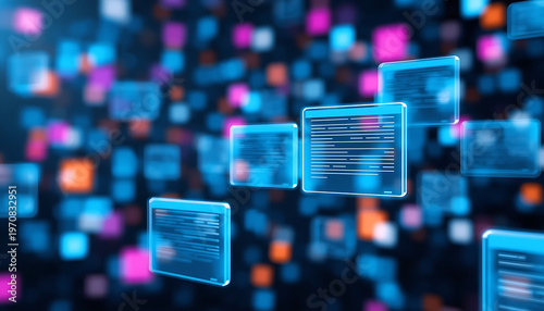 Glowing blue screens float in mid-air against a vibrant background of scattered colorful rectangles in a dark environment.