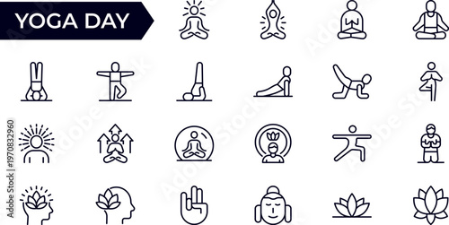 Yoga Outline Set – Modern Thin Outline Icons Collection Featuring Yoga Asanas, Meditation and Relaxation Symbols, Isolated on Transparent Background, Clean Vector Illustration