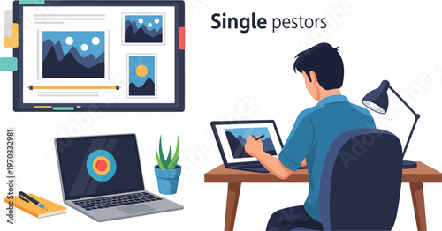 Digital artist creating illustrations on multiple monitors at home office