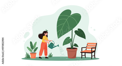 Young woman uses a green watering can to nourish a giant heart-shaped leaf plant in her peaceful backyard garden.