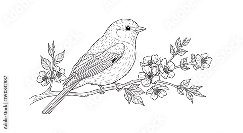 A bird sitting on a flowering branch.