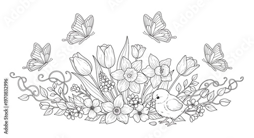 A whimsical floral arrangement with butterflies and a bird.