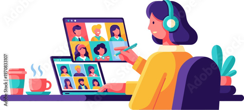 Employee participating in virtual meeting with multiple colleagues