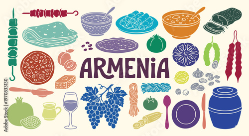 Traditional armenian cuisine and national food elements including lavash bread wine grapes and pomegranate for culinary menu restaurant branding travel poster and cultural vector illustration